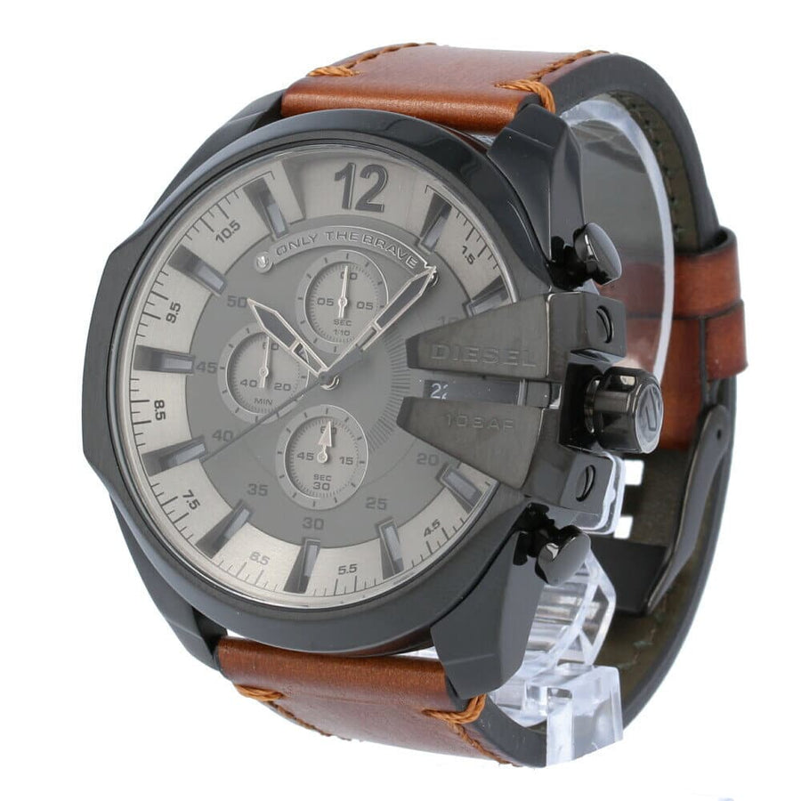 Diesel Mega Chief Chronograph Grey Dial Brown Leather Strap Watch For Men - DZ4463