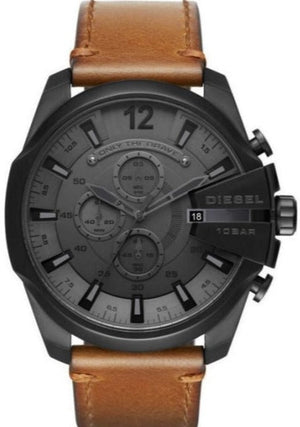 Diesel Mega Chief Grey Dial Brown Leather Strap Watch For Men - DZ4463