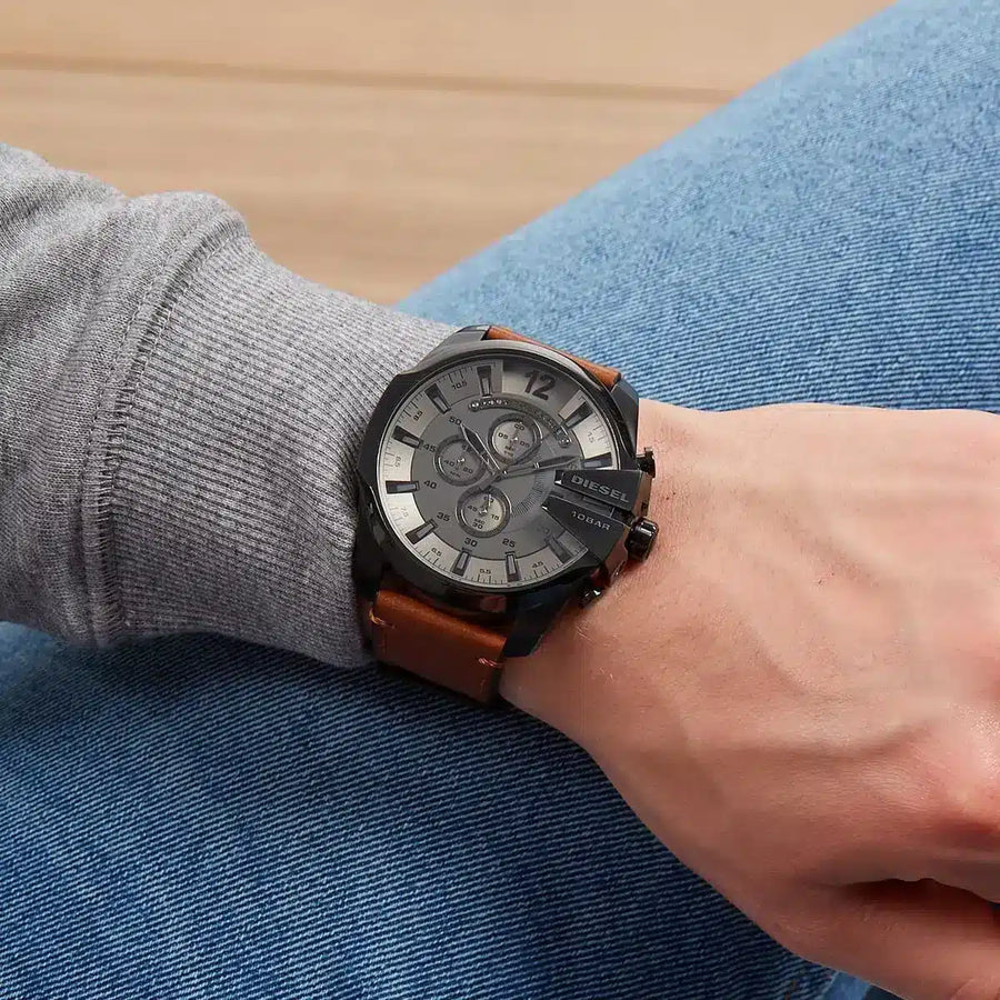 Diesel Mega Chief Chronograph Grey Dial Brown Leather Strap Watch For Men - DZ4463