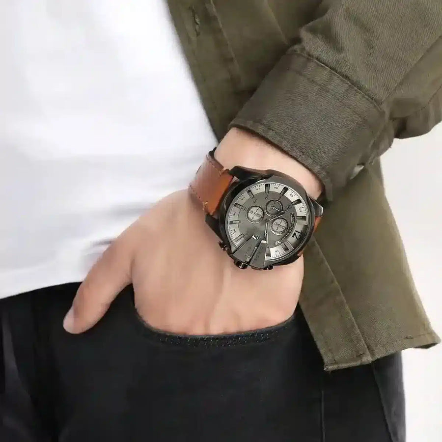 Diesel Mega Chief Chronograph Grey Dial Brown Leather Strap Watch For Men - DZ4463