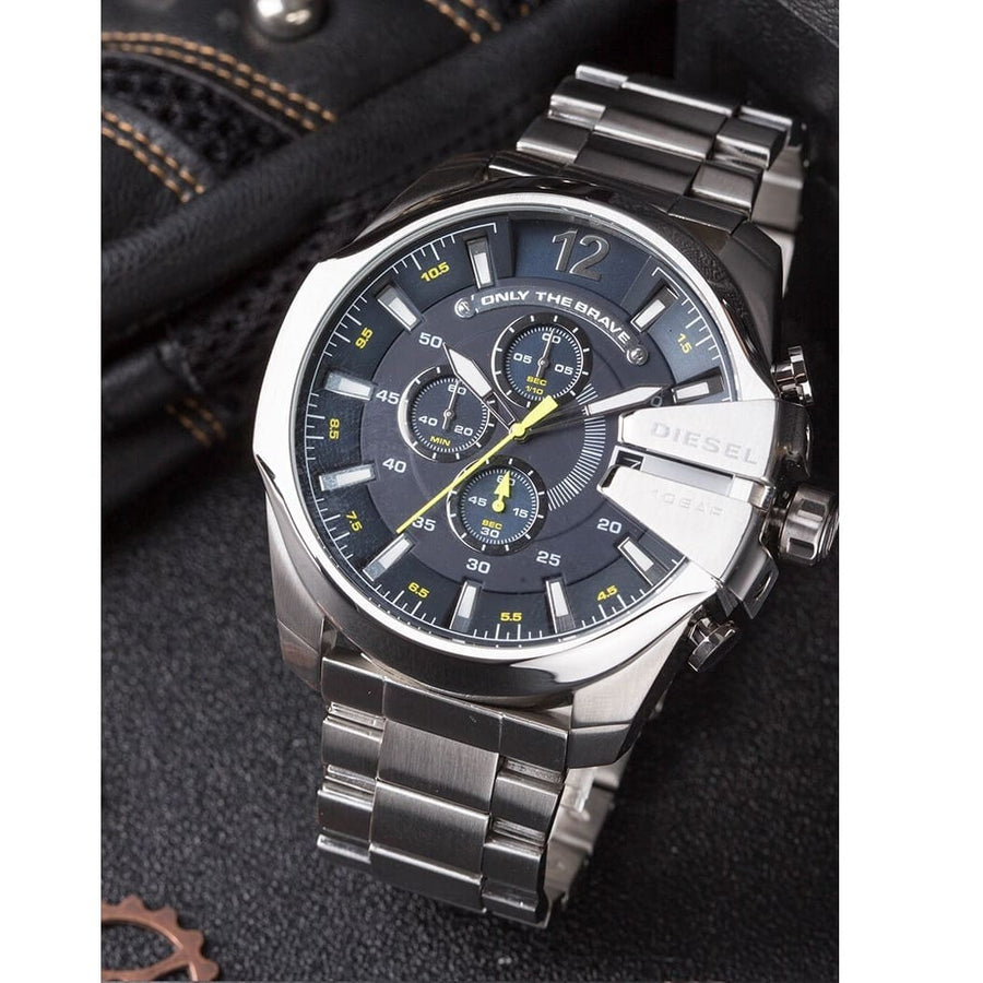 Diesel Mega Chief Chronograph Blue Dial Silver Steel Strap Watch For Men - DZ4465