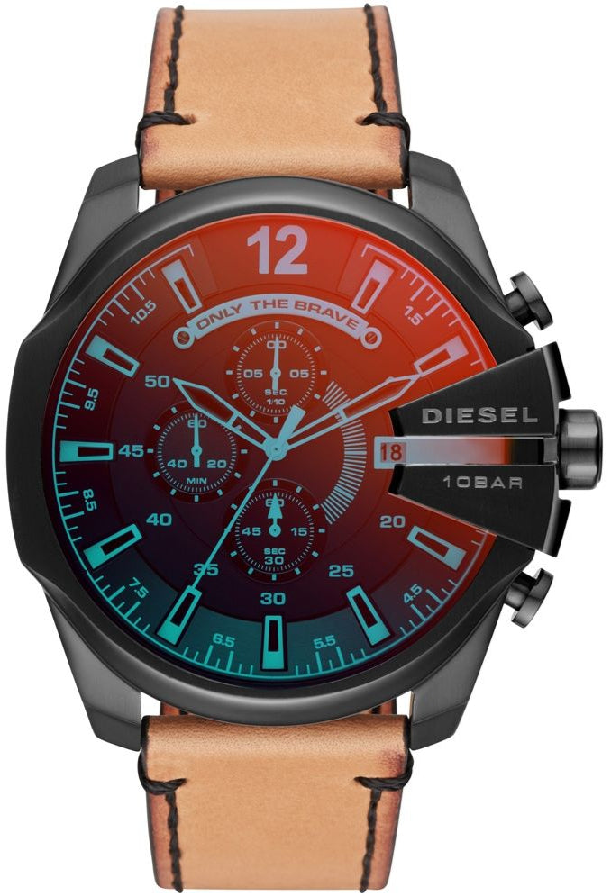 Diesel Mega Chief Chronograph Black Dial Brown Leather Strap Watch For Men - DZ4476
