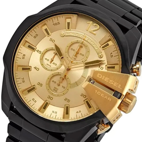 Diesel Mega Chief Chronograph Gold Dial Black Steel Strap Watch For Men - DZ4485