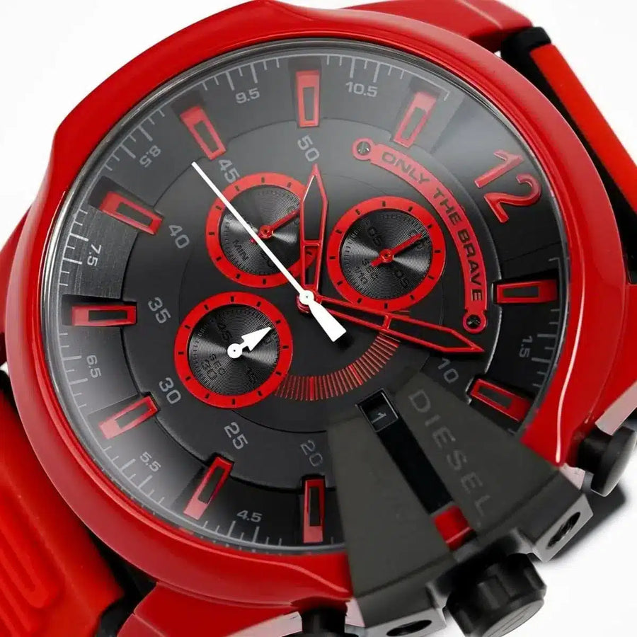 Diesel Mega Chief Chronograph Black Dial Red Rubber Strap Watch For Men - DZ4526