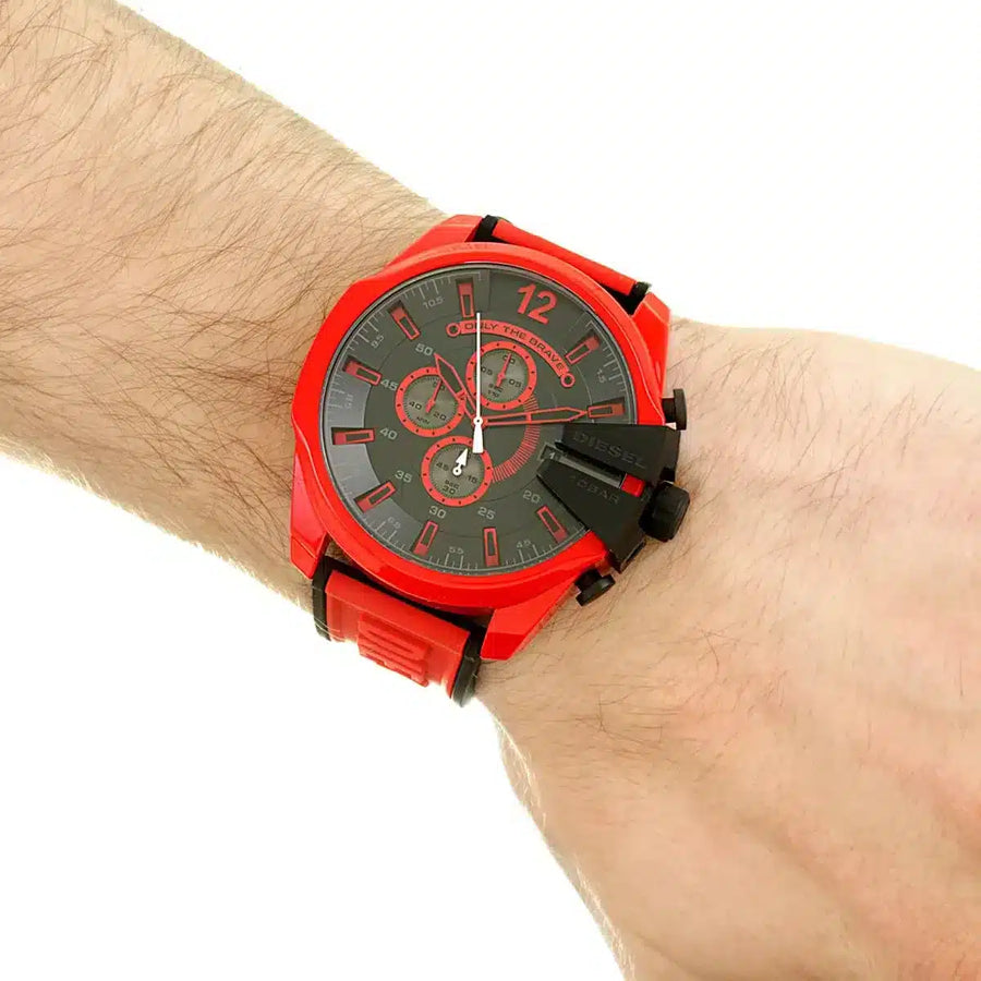 Diesel Mega Chief Chronograph Black Dial Red Rubber Strap Watch For Men - DZ4526
