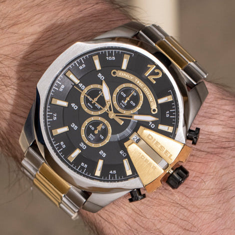 Diesel Mega Chief Chronograph Black Dial Two Tone Steel Strap Watch For Men - DZ4581