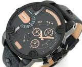 Diesel Little Daddy Chronograph Black Dial Black Leather Strap Watch For Men - DZ7291