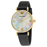 Emporio Armani Gianni T-Bar Quartz Mother of Pearl Dial Black Leather Strap Watch For Women - AR1910