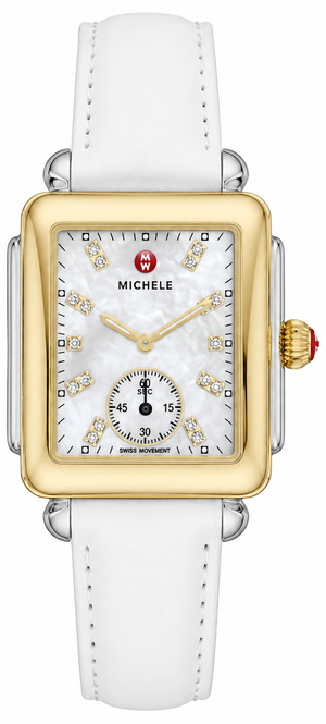 Michele Deco Mother of Pearl Dial White Leather Strap Watch For Women - MWW06V000043