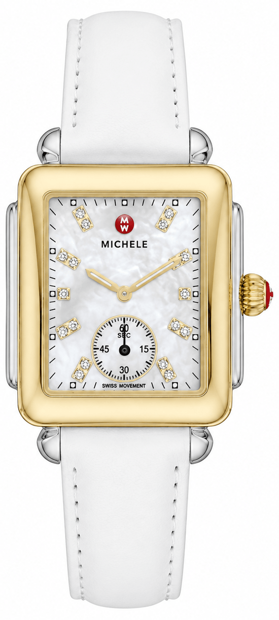 Michele Deco Mother of Pearl Dial White Leather Strap Watch For Women - MWW06V000043