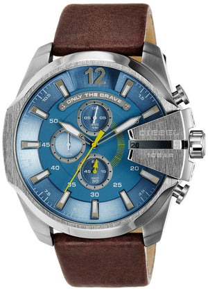 Diesel Mega Chief Chronograph Blue Dial Brown Leather Strap Watch For Men - DZ4281