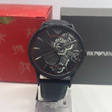 Emporio Armani Meccanico Skeleton Black Dial Black Leather Strap Watch For Men - AR60046