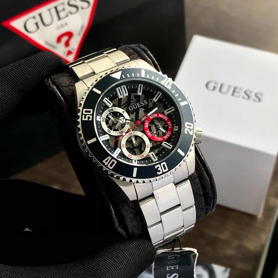 Guess Axle Multifunction Black Dial Silver Steel Strap Watch For Men - GW0488G1