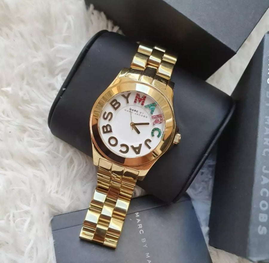 Marc Jacobs Rivera White Dial Gold Steel Strap Watch for Women - MBM3137