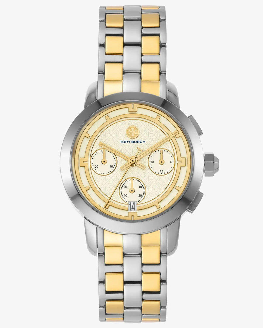 Tory Burch Classic Chronograph White Dial Two Tone Steel Strap Watch for Women - TBW1034