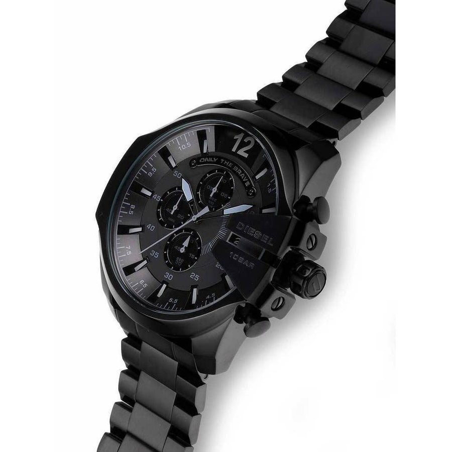 Diesel Mega Chief Chronograph Black Dial Black Steel Strap Watch For Men - DZ4355