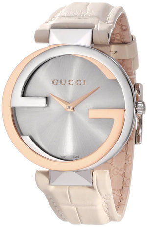 Gucci Interlocking 18K Gold Silver Dial White Leather Strap Watch For Women - YA133303