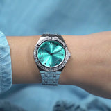 Guess Cosmo Diamonds Turquoise Dial Silver Steel Strap Watch for Women - GW0033L7