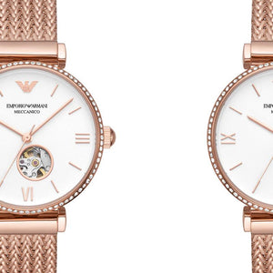 Emporio Armani Meccanico Automatic White Dial Rose Gold Mesh Strap Watch For Women - AR60063