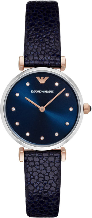 Emporio Armani Gianni T Bar Analog Blue Dial Black Leather Strap Watch For Women - AR1989