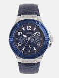 Guess Rigor Multifunction Chronograph Blue Dial Blue Leather Strap Watch For Men - W0040G7