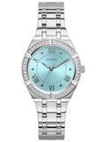 Guess Cosmo Diamonds Turquoise Dial Silver Steel Strap Watch for Women - GW0033L7