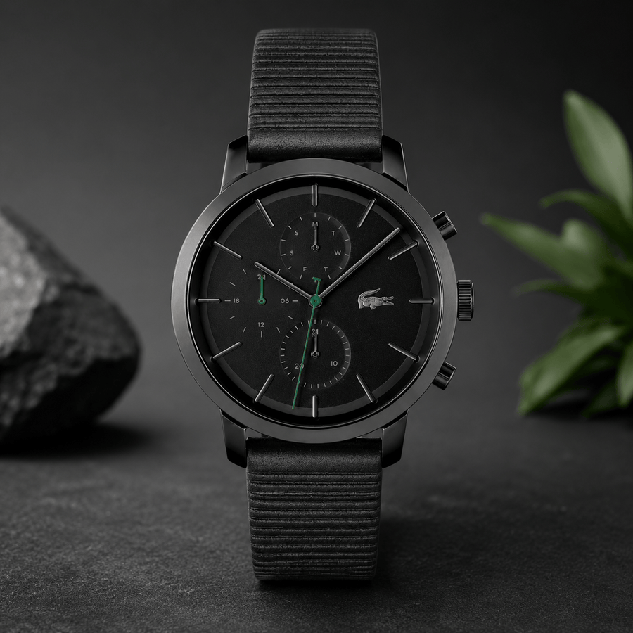 Lacoste Replay Chronograph Black Dial Black Leather Strap Watch for Men - 2011177