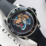 Gucci Dive Tiger Black Dial Black Rubber Strap Watch For Men - YA136318