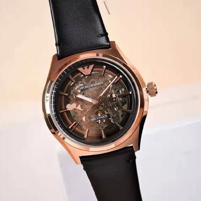 Emporio Armani Meccanico Black Dial Black Leather Watch For Men - AR60004