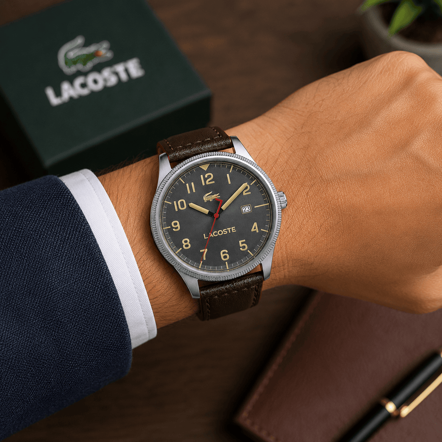 Lacoste Continental Gray Dial Brown Leather Strap Watch for Men - 2011020