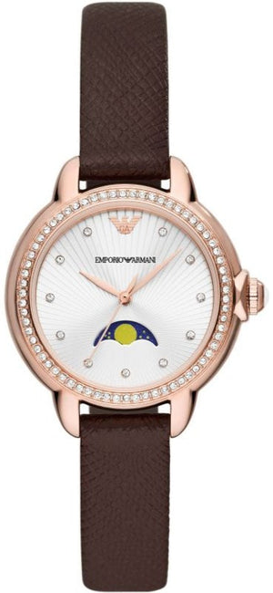 Emporio Armani Mia Moonphase Silver Dial Brown Leather Strap Watch For Women - AR11568