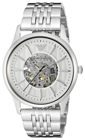 Emporio Armani Meccanico Skeleton Silver Dial Silver Steel Strap Watch For Men - AR1945