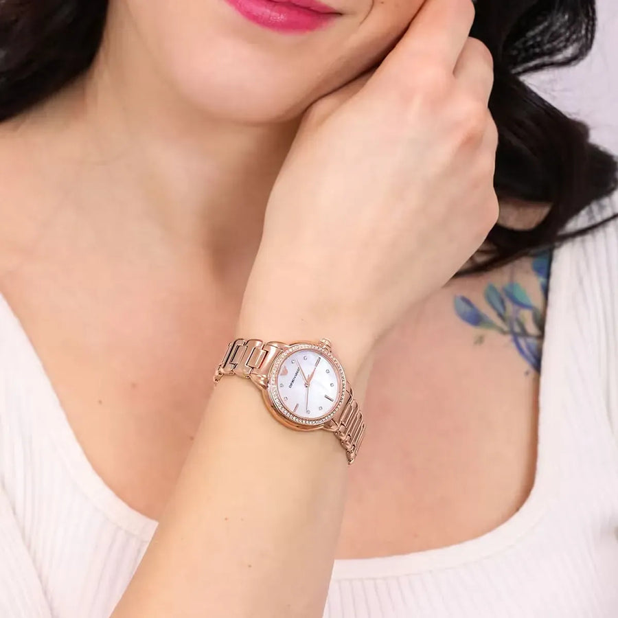 Emporio Armani Aira Three Hand Mother of Pearl Dial Rose Gold Steel Strap Watch For Women - AR11523