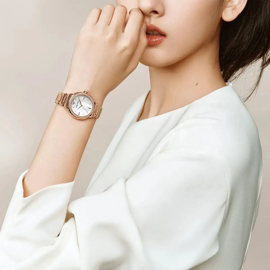 Emporio Armani Aira Three Hand Mother of Pearl Dial Rose Gold Steel Strap Watch For Women - AR11523