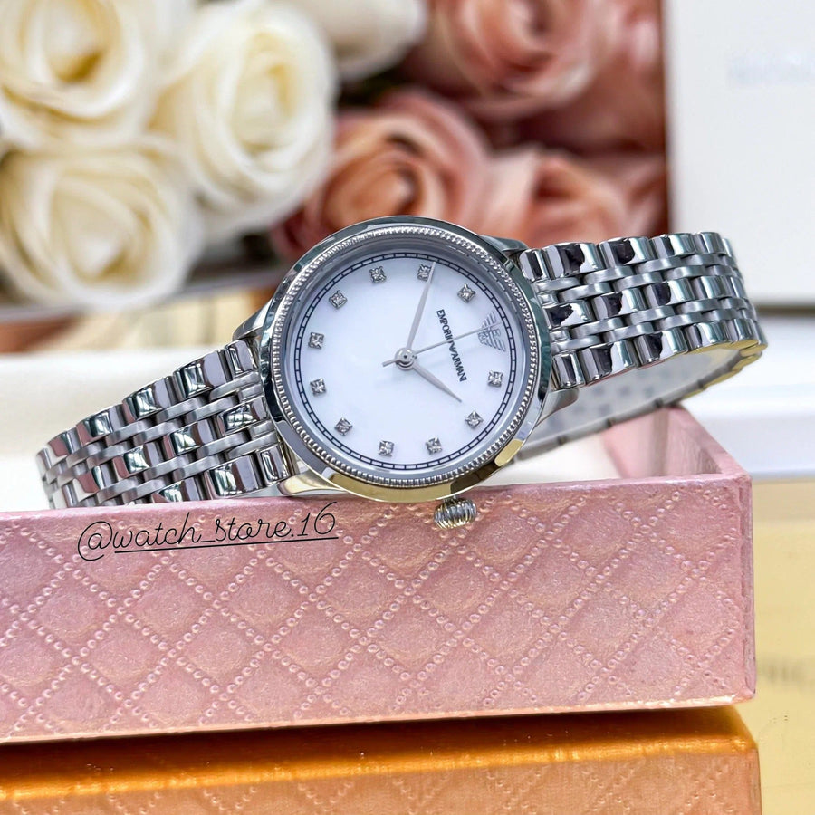 Emporio Armani Alpha Mother of Pearl Dial Silver Steel Strap Watch for Women - AR1803