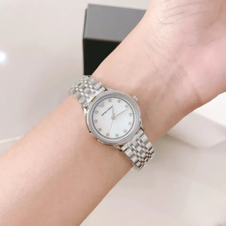 Emporio Armani Alpha Mother of Pearl Dial Silver Steel Strap Watch for Women - AR1803
