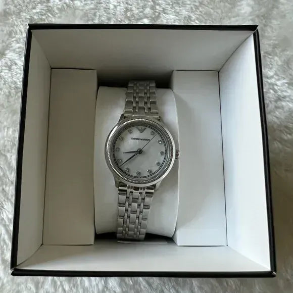 Emporio Armani Alpha Mother of Pearl Dial Silver Steel Strap Watch for Women - AR1803