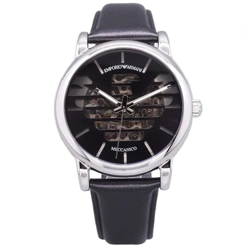 Emporio Armani Analog Automatic Black Dial Black Leather Strap Watch For Men - AR60040