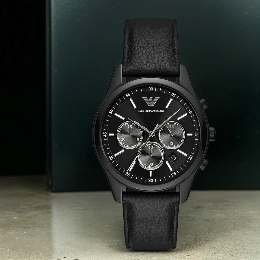 Emporio Armani Antonio Chronograph Black Dial Black Leather Strap Watch for Men - AR11583