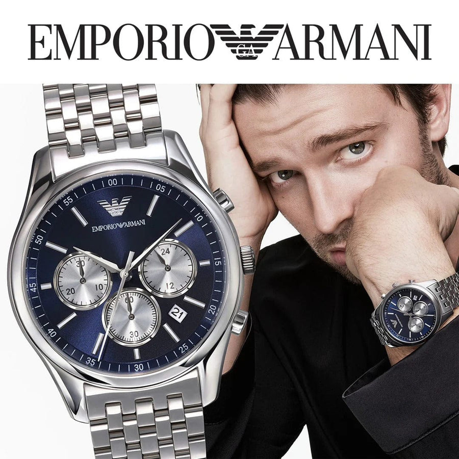 Emporio Armani Antonio Chronograph Blue Dial Silver Steel Strap Watch for Men - AR11582