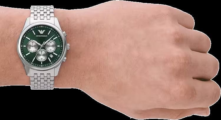 Emporio Armani Antonio Chronograph Green Dial Silver Steel Strap Watch for Men - AR11581