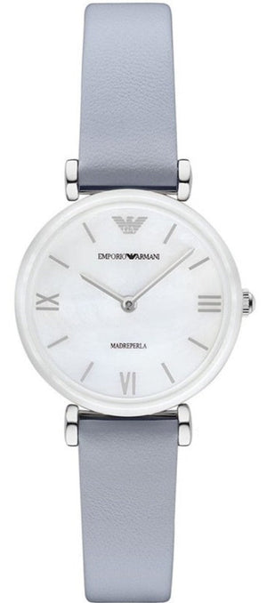 Emporio Armani Gianni T-Bar Mother Of Pearl White Dial Grey Leather Strap Watch For Women - AR11039