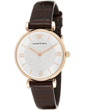 Emporio Armani Gianni T-Bar Silver Dial Brown Leather Strap Watch For Women - AR11269