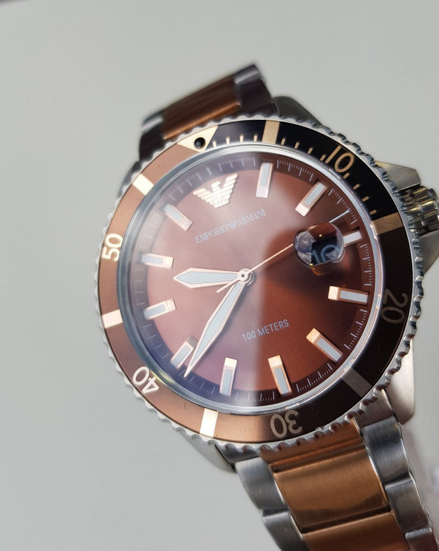 Emporio Armani Diver Quartz Brown Dial Two Tone Steel Strap Watch For Men - AR11340