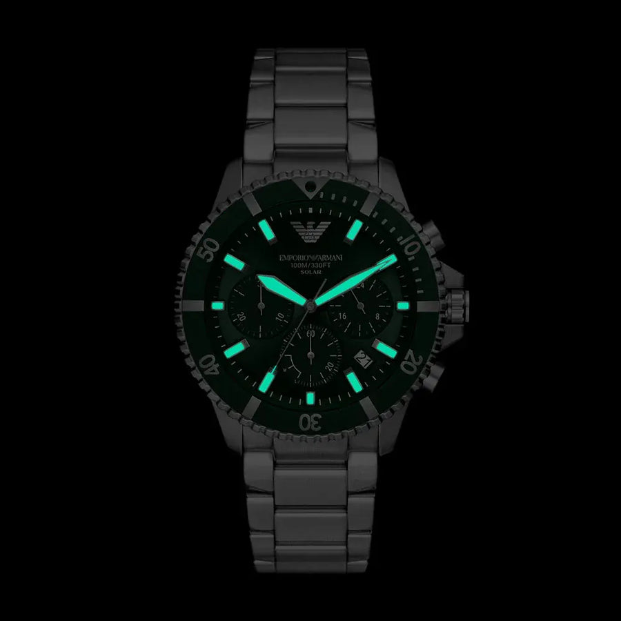 Emporio Armani World Explorer Solar Chronograph Green Dial Silver Steel Strap Watch for Men - AR11741