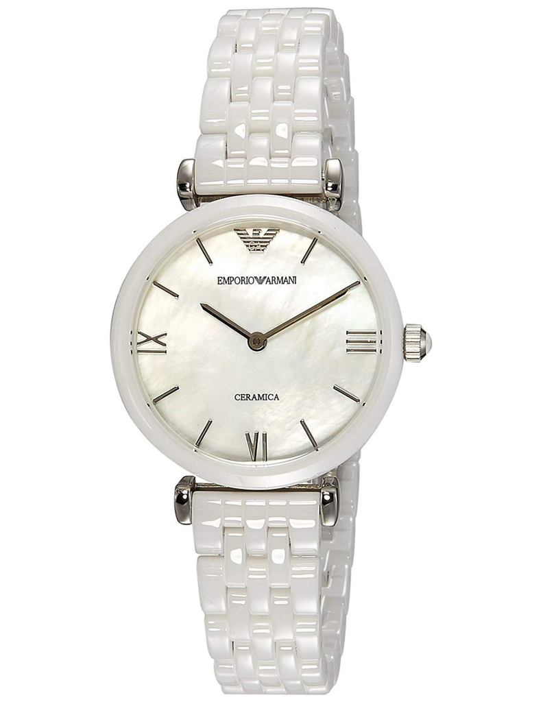 Emporio Armani Giannti T Bar Quartz Mother of Pearl Dial White Steel Strap Watch For Women - AR1485