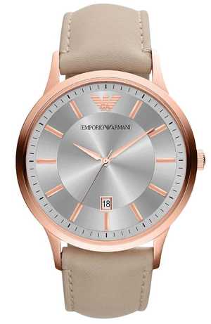 Emporio Armani Classic Quartz Silver Dial Beige Leather Strap Watch For Men - AR2464