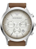 Emporio Armani Classic Chronograph Silver Dial Brown Leather Strap Watch For Men - AR2471