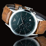 Emporio Armani Renato Chronograph Green Dial Brown Leather Strap Watch For Men - AR2493