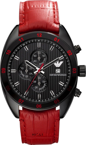 Emporio Armani Sportivo Chronograph Black Dial Red Leather Strap Watch For Men - AR5918